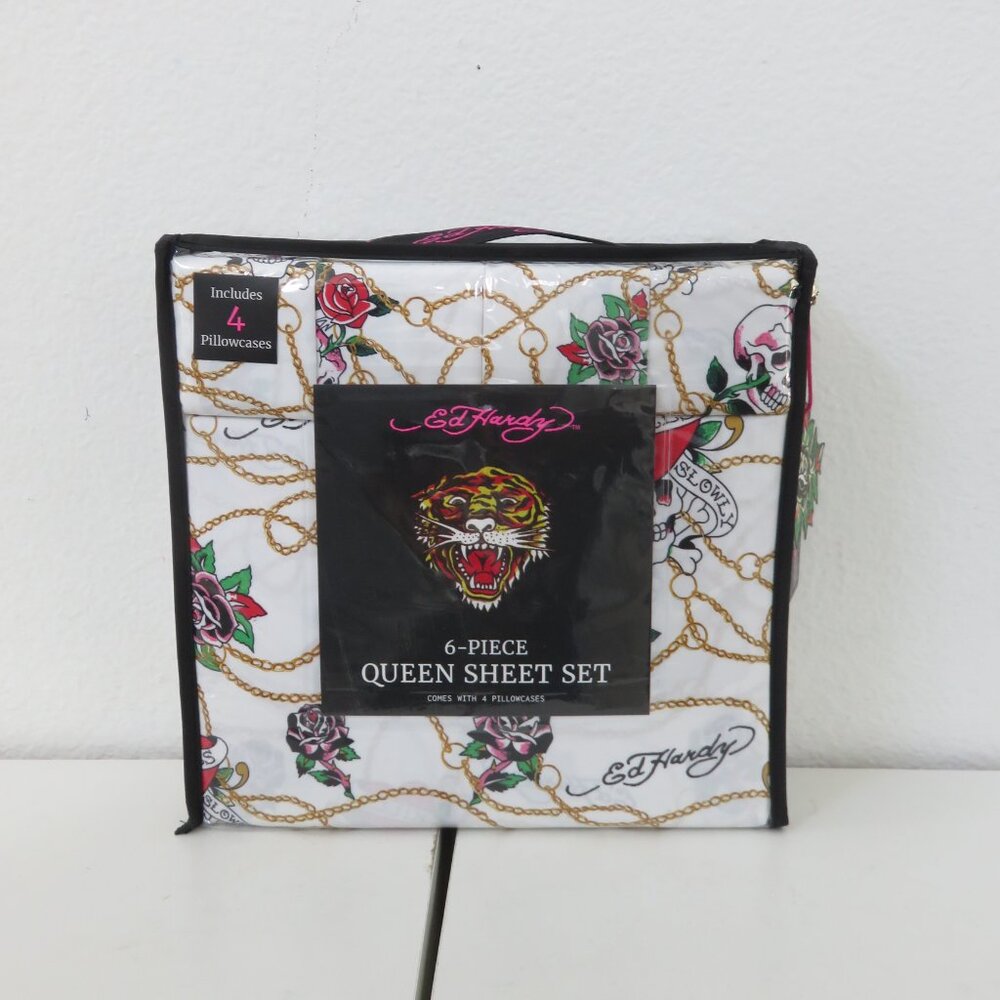 Ed Hardy  Skull and Gold chain print Queen Sheet Set 6-piece